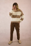 White & Beige Striped Crochet Fuzzy Knit Sweater
