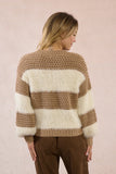 White & Beige Striped Crochet Fuzzy Knit Sweater