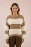 White & Beige Striped Crochet Fuzzy Knit Sweater