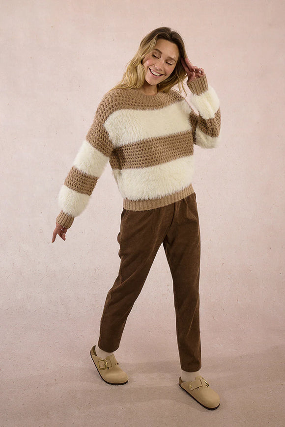 White & Beige Striped Crochet Fuzzy Knit Sweater