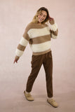 White & Beige Striped Crochet Fuzzy Knit Sweater