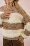 White & Beige Striped Crochet Fuzzy Knit Sweater