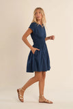 Navy Short Cotton Dress w/ Smocked Waist