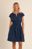 Navy Short Cotton Dress w/ Smocked Waist