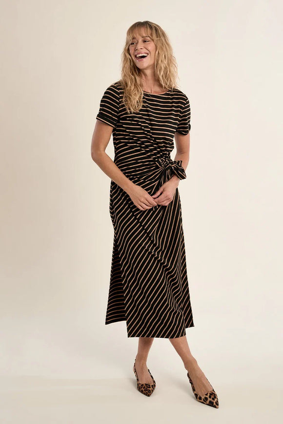 Black & Tan Stripe Fitted Midi Dress