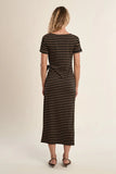 Black & Tan Stripe Fitted Midi Dress