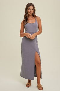 Deep Grey Self Tie Midi Dress