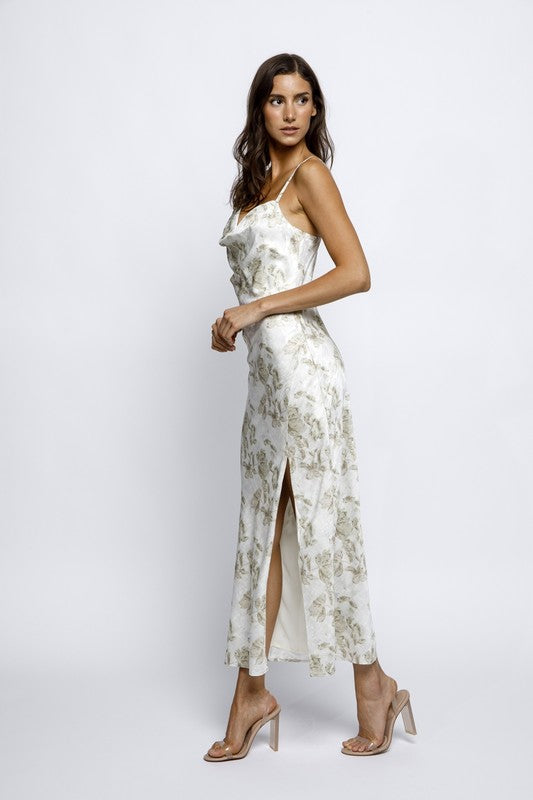 white christmas dresses Cream Satin Floral Midi Slip Dress – Fashion Cupcake