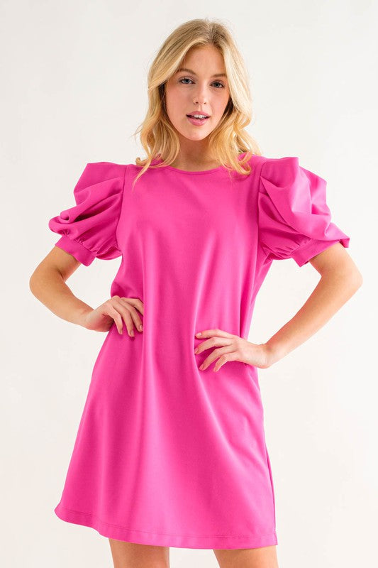 Hot Pink Puff Sleeve Pocket Dress
