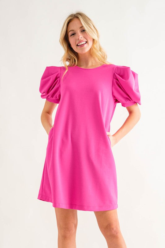 Hot Pink Puff Sleeve Pocket Dress