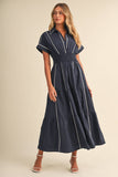Navy Smocked Waist White Piping Midi