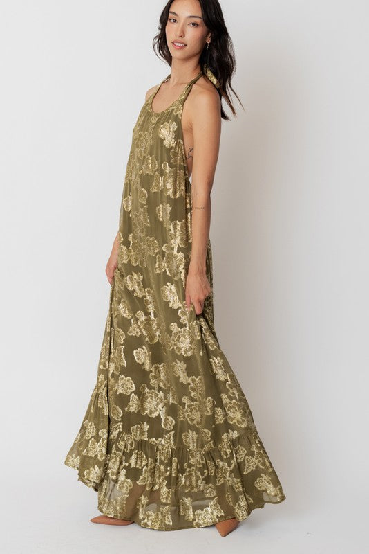 Olive & Gold Halter Maxi Dress