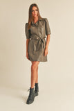 Brown Faux Leather Button Down Belted Dress