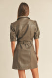 Brown Faux Leather Button Down Belted Dress