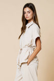 Cream Front Zipper Closure Collared Drawstring Top