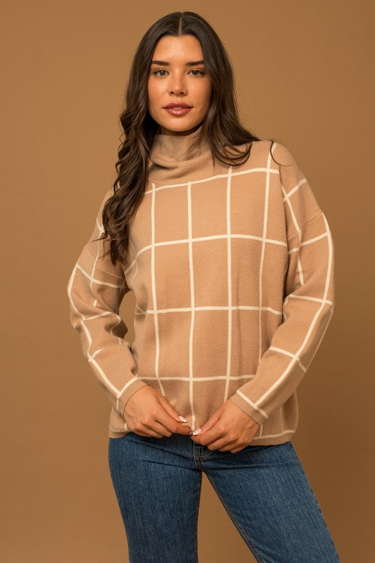Taupe Grid Turtle Neck Sweater