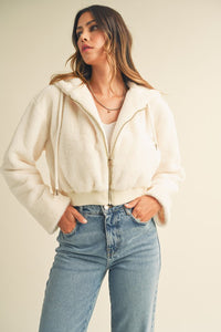 Cream Crop Fur Zip Up Hooded Jacket