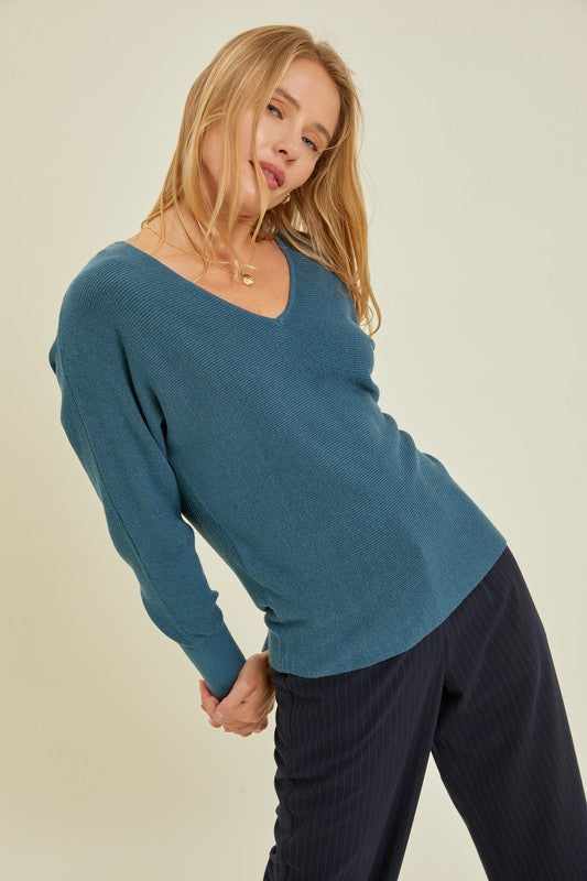 Teal V Neck Ribbed Sweater