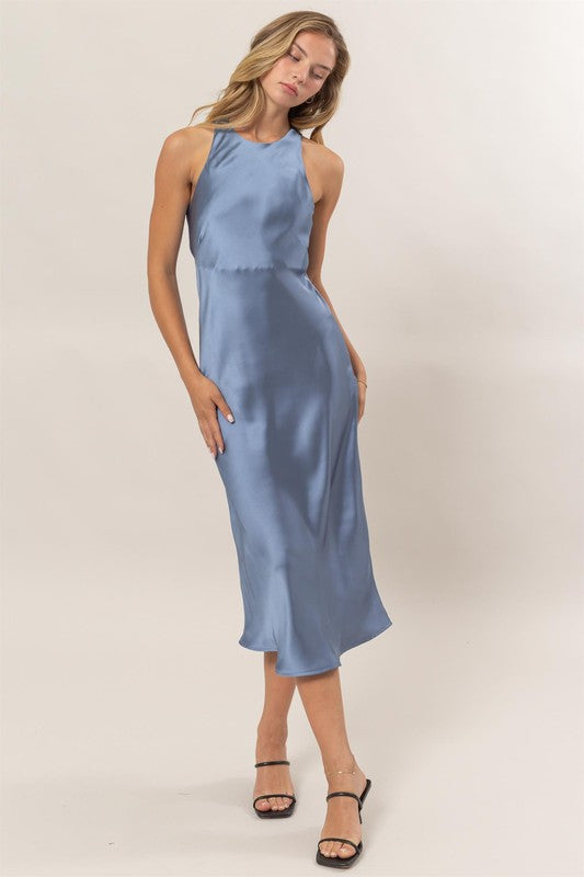 Blue Satin Sleeveless Midi