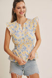 Blue & Yellow Floral Peplum Top