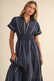 Navy Smocked Waist White Piping Midi