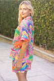 Neon Pink Piped Patterned Collared Top