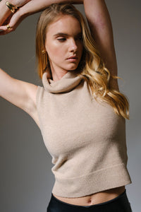 Brown Cashmere Blend Sleeveless Turtle Neck Top