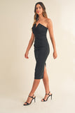 Black Ruched Strapless Midi Dress