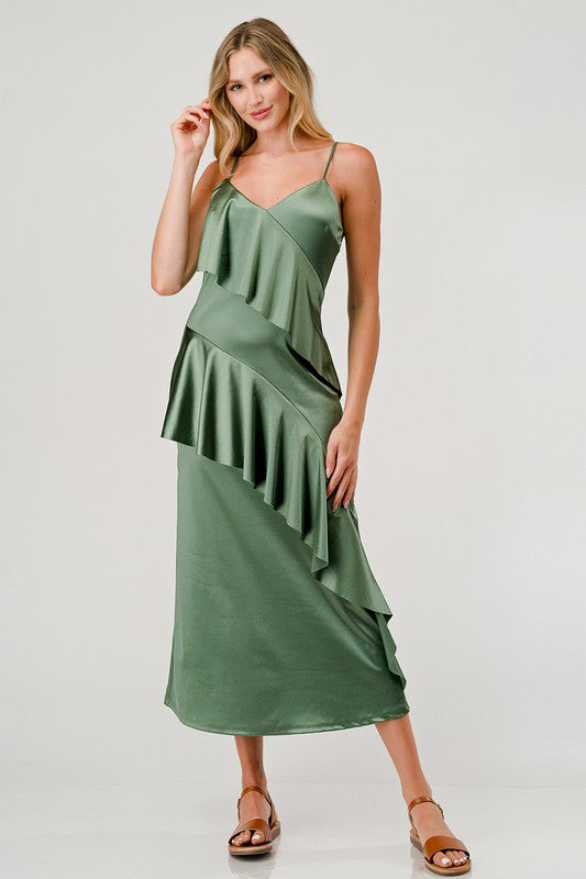 Sage Satin Ruffle Midi Fashion Cupcake Sage Satin Ruffle Midi Fashion Cupcake