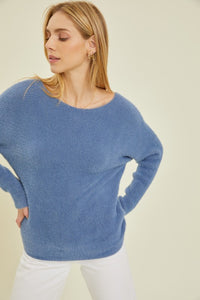 Blue Fuzzy Boat Neck Sweater