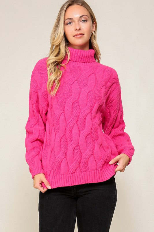 Pink Cable Knit Turtle Neck Sweater