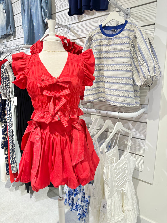 Red Bubble Skirt Front Tie Top Set
