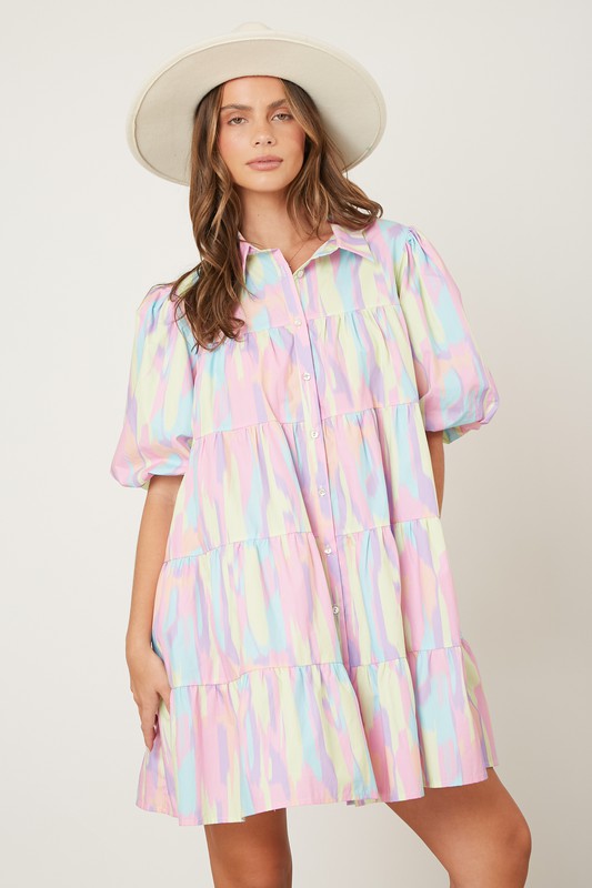 Rainbow Pastel Puff Sleeve Dress