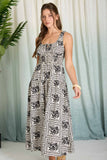 Black Floral Tile Print Sleeveless Midi Dress