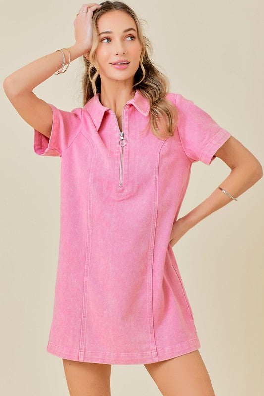Pink Washed Denim Zipper Dress