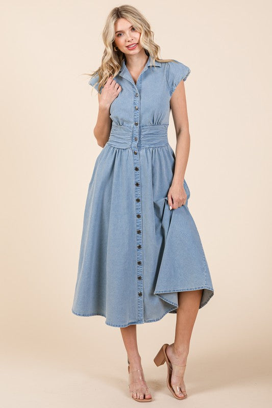 Light Denim Button Down Midi Dress – Fashion Cupcake