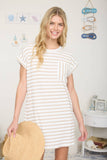 Khaki Textured Striped Short Sleeve Mini Dress