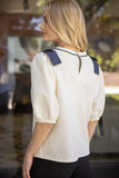 Ivory Top with Navy Bow Shoulders