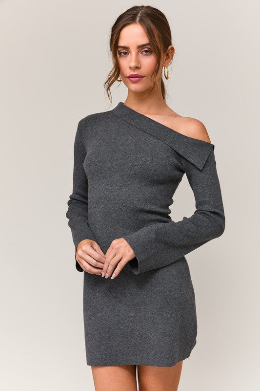 Charcoal Asymmetrical Shoulder Sweater Dress