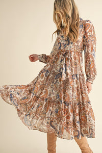 Tan Paisley Print Midi Dress