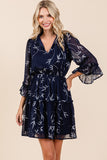 Navy & White Leaf Pattern Dress