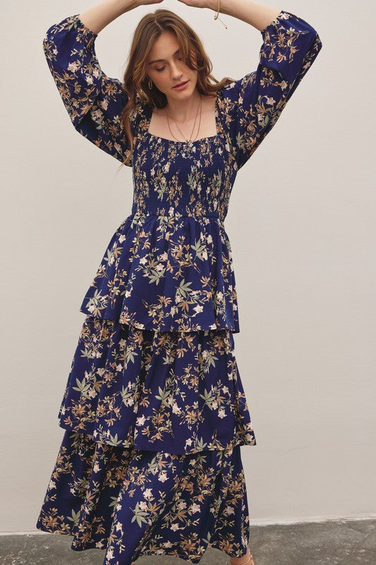 Navy blue floral maxi dress with sleeves best sale