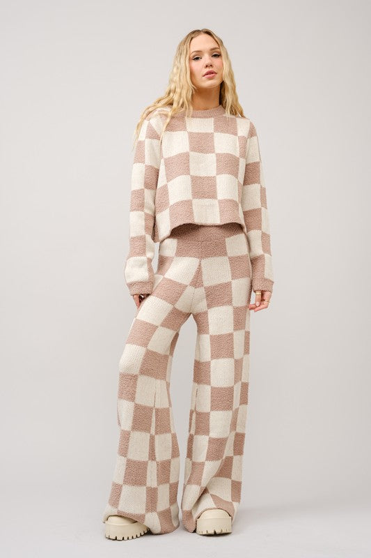 Checkerboard Knit Sweater Pant Set