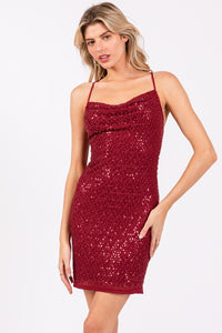 Wine Beaded Criss Cross Back Dress