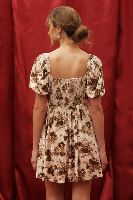 Taupe Floral Velvet Puff Sleeve Dress Taupe Floral Velvet Puff Sleeve Dress