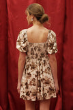 Taupe Floral Velvet Puff Sleeve Dress