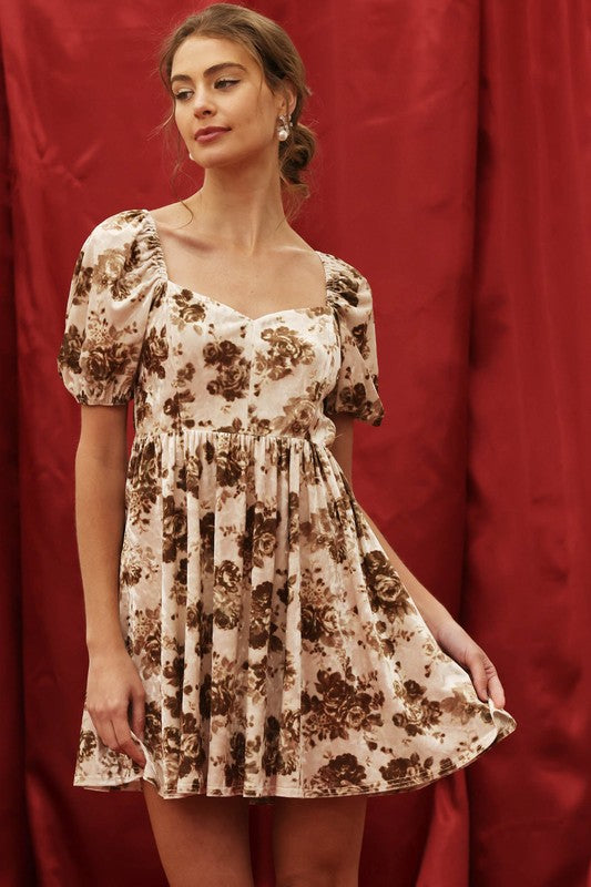 Taupe Floral Velvet Puff Sleeve Dress