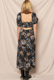 Black and Blue Floral Puff Sleeve Maxi