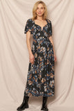 Black and Blue Floral Puff Sleeve Maxi