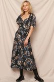 Black and Blue Floral Puff Sleeve Maxi